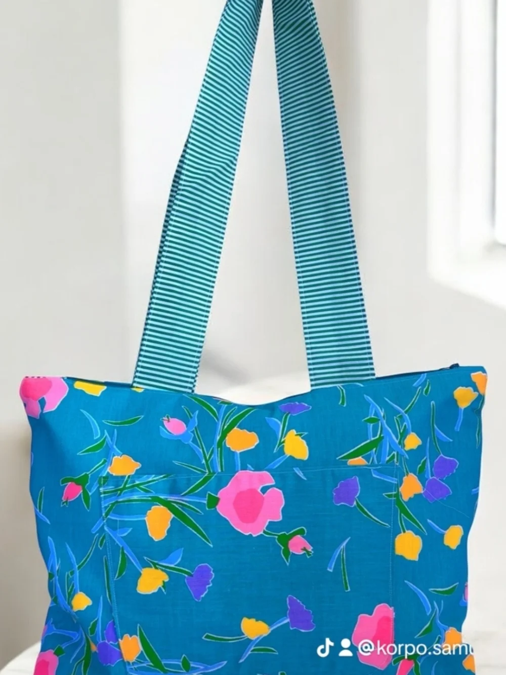 Bright Blue Floral Tote Bag with Striped Handles